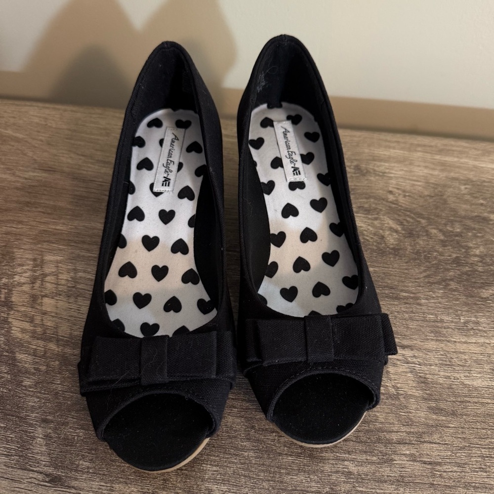 American Eagle Black Canvas Wedge Shoes Little Girls Size 3 Open Toe - Picture 7 of 9